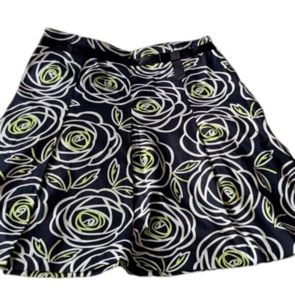 Jessica Flower Floral Black White Green A Line Bow Roses Pattern Midi Skirt - Picture 8 of 8